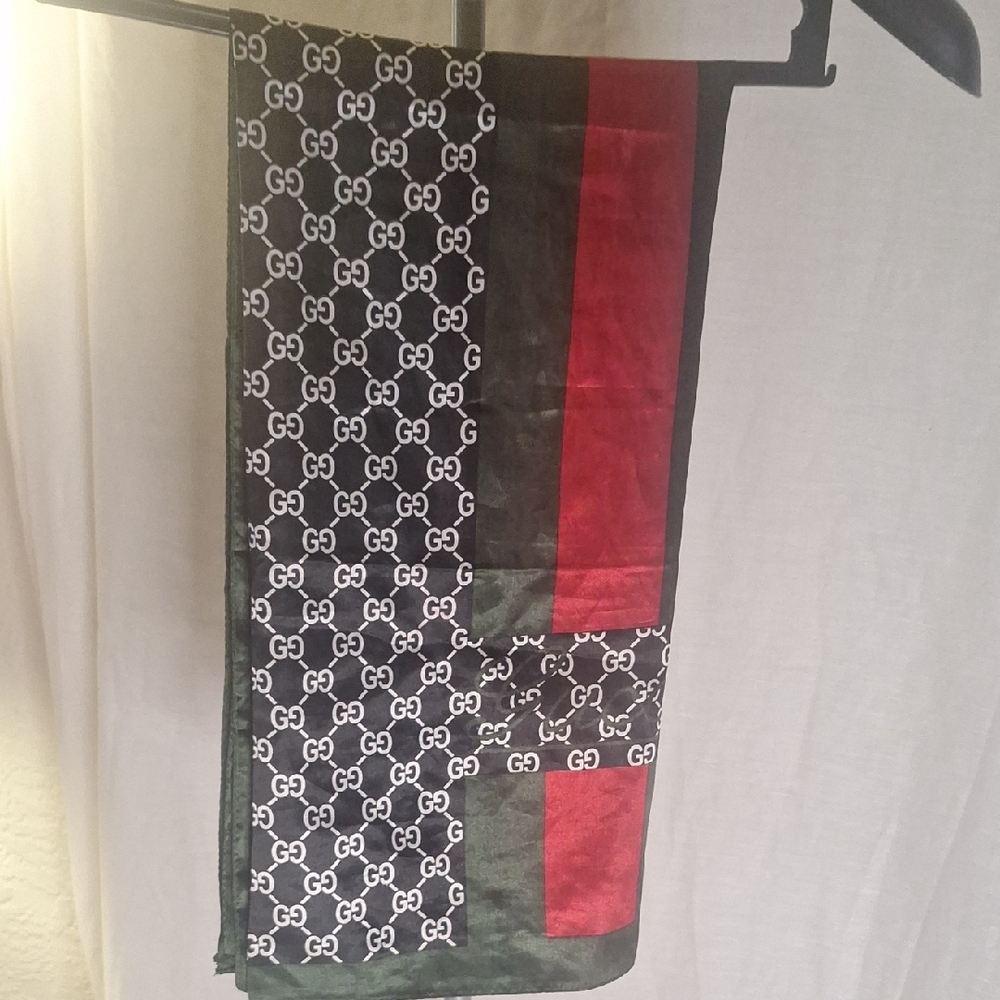 Gucci Black, White, Red and Green GG Logo Silk Scarf